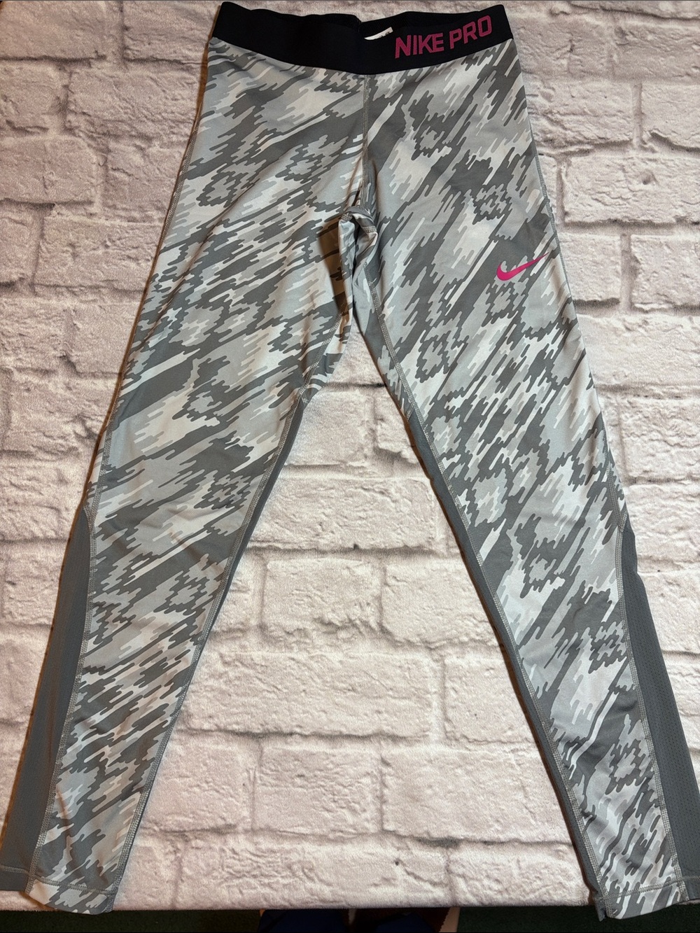 Nike Grey Camo Leggings with Pink Swoosh